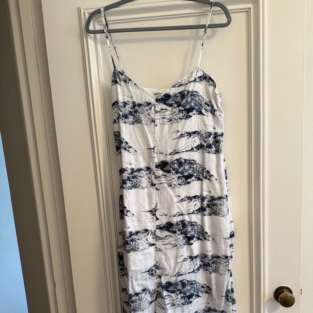 Reformation: White + Navy Toile Midi Dress, Size: Medium